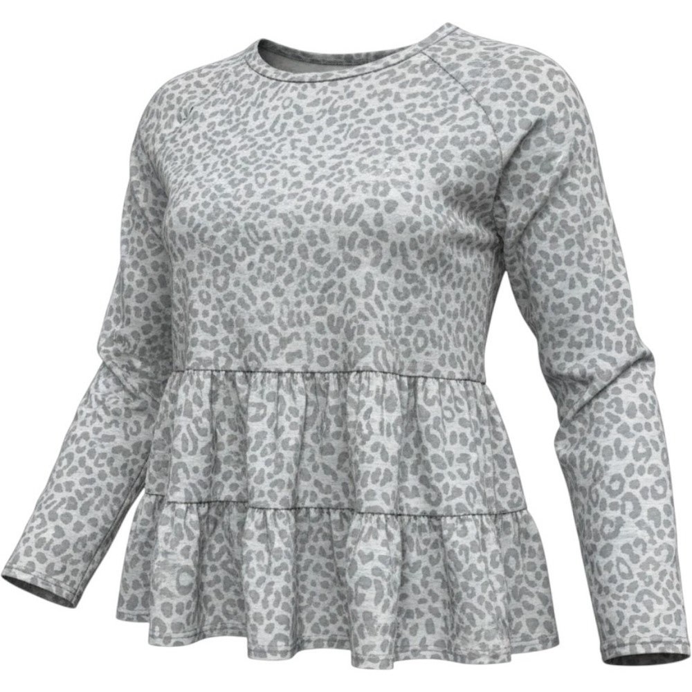 Women's Size Large 143 Story Gray Leopard Tiered Peplum Long Sleeve Top Babydoll